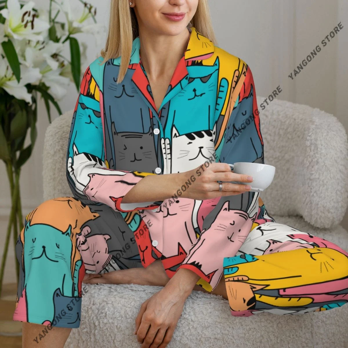

Women Sleepwear Pajamas Colorful Cats Art Long Sleeve Pijama Female Set Negligee Cardigan Suit