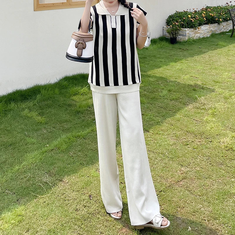 Loose Vertical Stripes Polo Neck Short Sleeve Top Wide Leg Pant Knit 2-Pieces Set Women Clothing Casual Office Lady Suit French