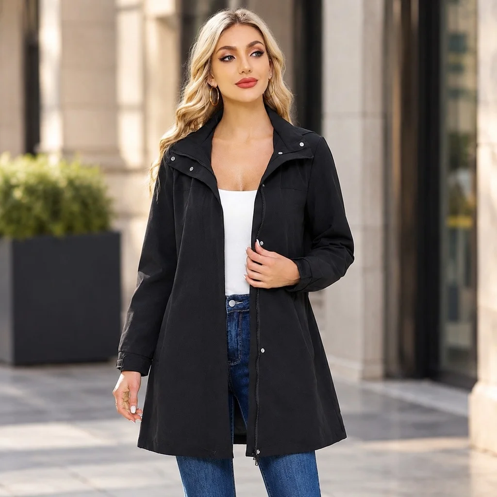 Long Sleeve Casual Coat Long Length Office Style with Lightweight Turn Down Collar Loose Fit Zipper Elegant Business Women Coat
