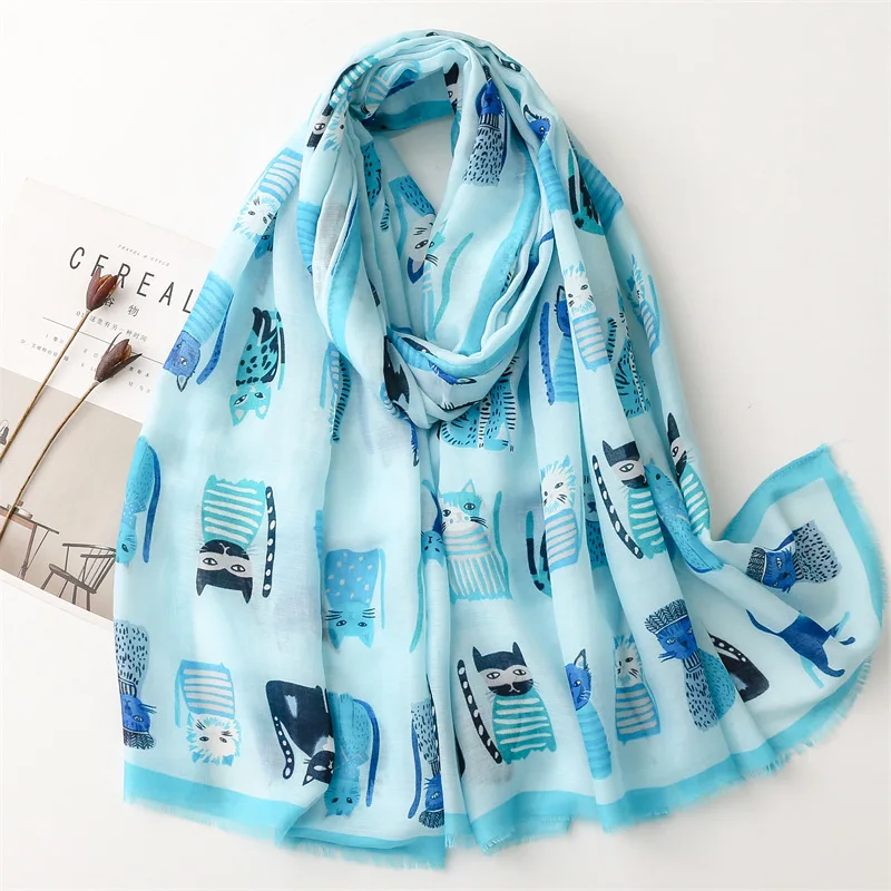 2023 Autumn Lovely Cartoon Cat Pattern Viscose Shawl Lady High Quality Soft Wrap Pashmina Stole Bufandas Muslim Hijab 180*90Cm