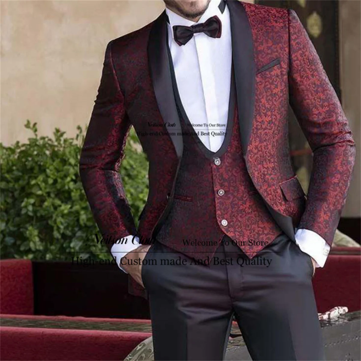 

Fashion Burgundy Men Suits Shawl Lapel Groom Wedding Tuxedos 3 Pieces Sets Floral Male Prom Blazers Slim Fit Terno Masculino