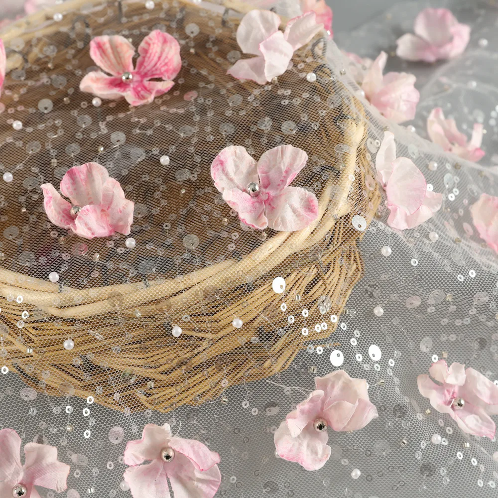 

2-meter beaded nail flower girl wedding dress embroidered fabric lace embroidered fabric handmade applique dress DIY sewing mesh