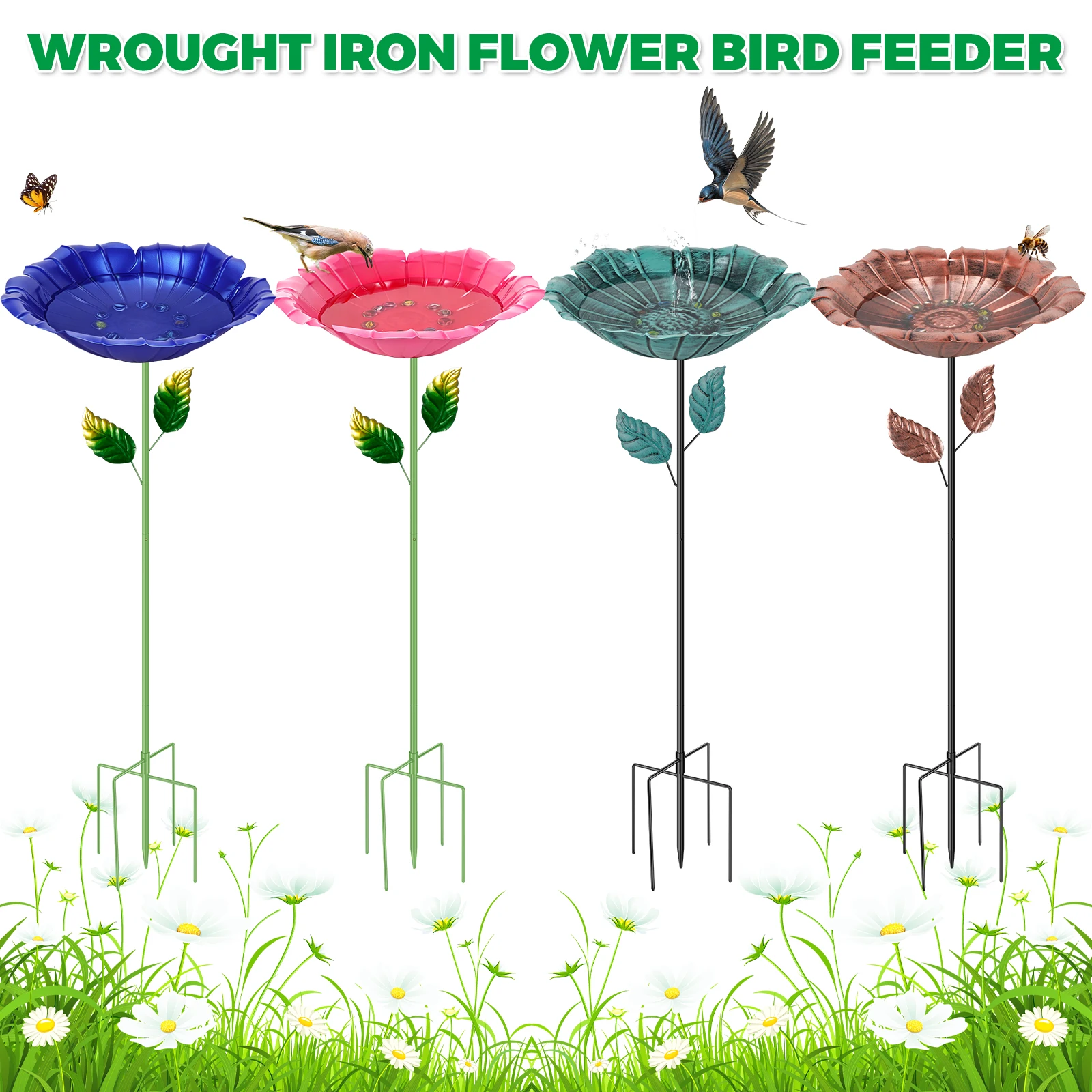 

2Pcs Bee Watering Station 78cm Colorful Metal Flower Shape Butterfly Bath Bowl Decorative Bee Watering Garden Stake for Outdoor