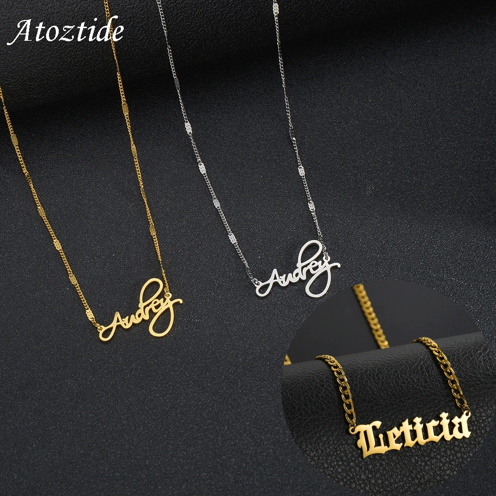 

Atoztide Customized Fashion Stainless Steel Name Necklace Personalized Letter Cuban Figaro Chain for Women Men Nameplate Gift