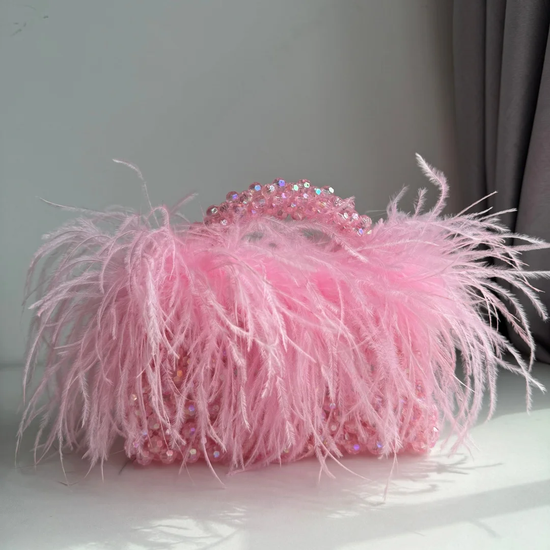 Pearl Bead Bag With Feather Fur Designer Brand Clear Acrylic Crystal Stone Box Tote Handbag Women Handmade Party Purse image 3
