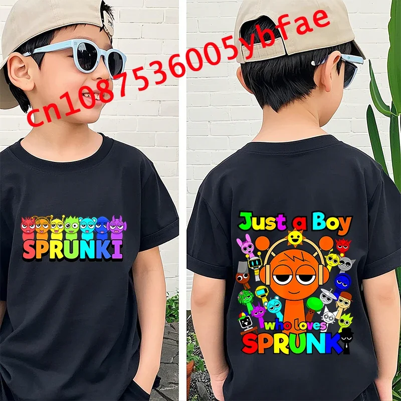 2025 Sprunki zwarte cartoon top met pure mouwen voor jongens en meisjes Leuke karakters bedrukte kinderkleding kinder T-shirt kort-
