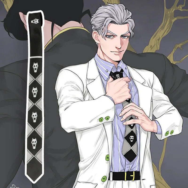Anime Catoon JoJo Tie Halloween Cosplay Costume Accessories KILLER QUEEN Skull Heavens Door Holiday Men Women Grey  Necktie