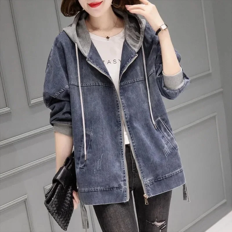 Women\'s Denim Jacket 2023 New Spring Autumn Fashion Korean Long Sleeve Jeans Coat Casual Hooded Baseball Uniform Top Clothes