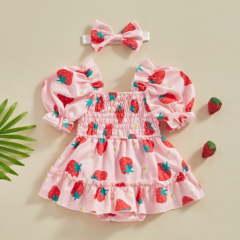 

Baby Girl 2 Piece Outfits Fruit/Flower Print Ruched Short Sleeve Romper Dress with Cute Headband Set Summer Clothes