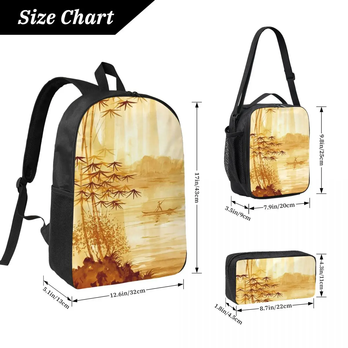 LAKE - Beige Landscape Art Painting Backpack Boys Girls BookBag School Bag Shoulder Bags 3ps Insulated Lunch Bag Pencil Case