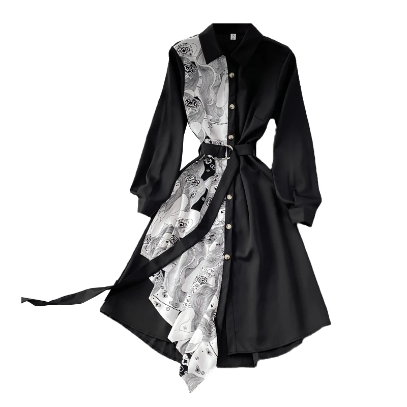 Retro Koreaanse Sle Lente Herfst Hoge Taille Belted Slim Fit Midi Lengte Asymmetrisch Patchwork Lange Sve irt Dr