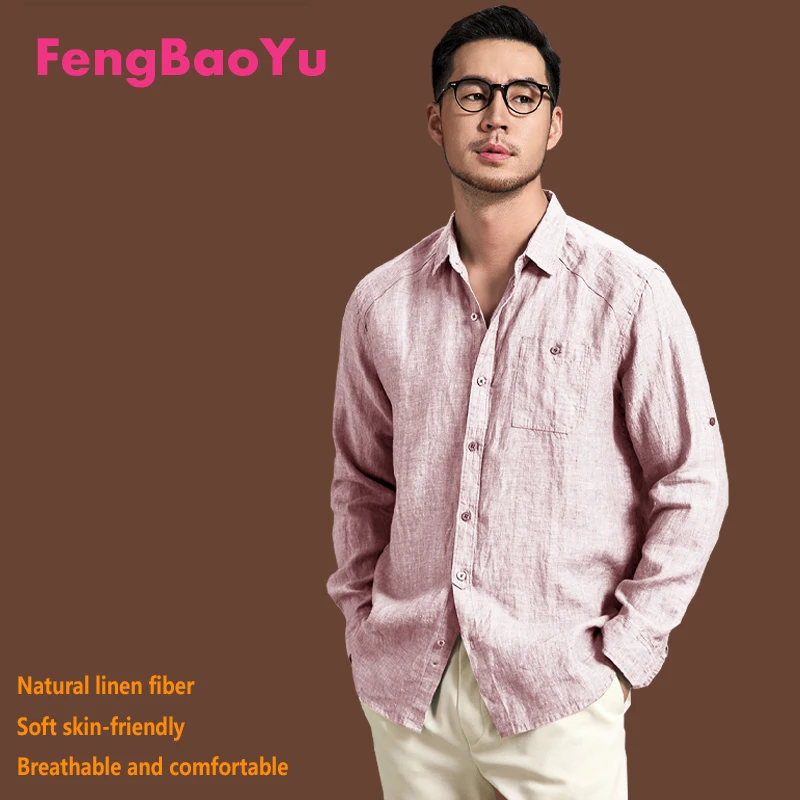 

Fengbaoyu Natural Linen Men's Shirt - Summer Long-Sleeved Casual Shirt - Loose Large Size Men's Clothing - Cool and Breathable