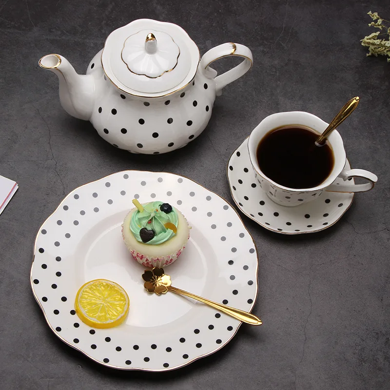 Black and White Polka Dot Retro Bone China Phnom Penh European Coffee Cup Afternoon Tea Set