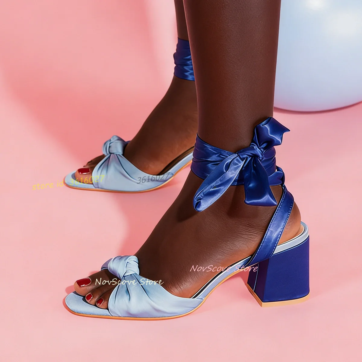 

Open Toe Satin Lace Up Sandals Block High Heels Twist Bow Decor Slip On Fashion Women Classic Dress Party Daily Causal Shoes