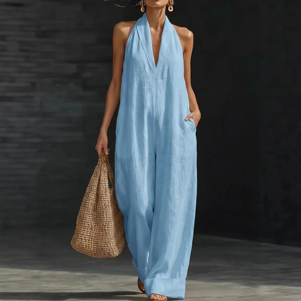2026 Hanging Neck Sexy Solid Color Elegant Comfortable Loose Jumpsuit Women's Summer New Versatile Commuting Daily Simple Pants view 2