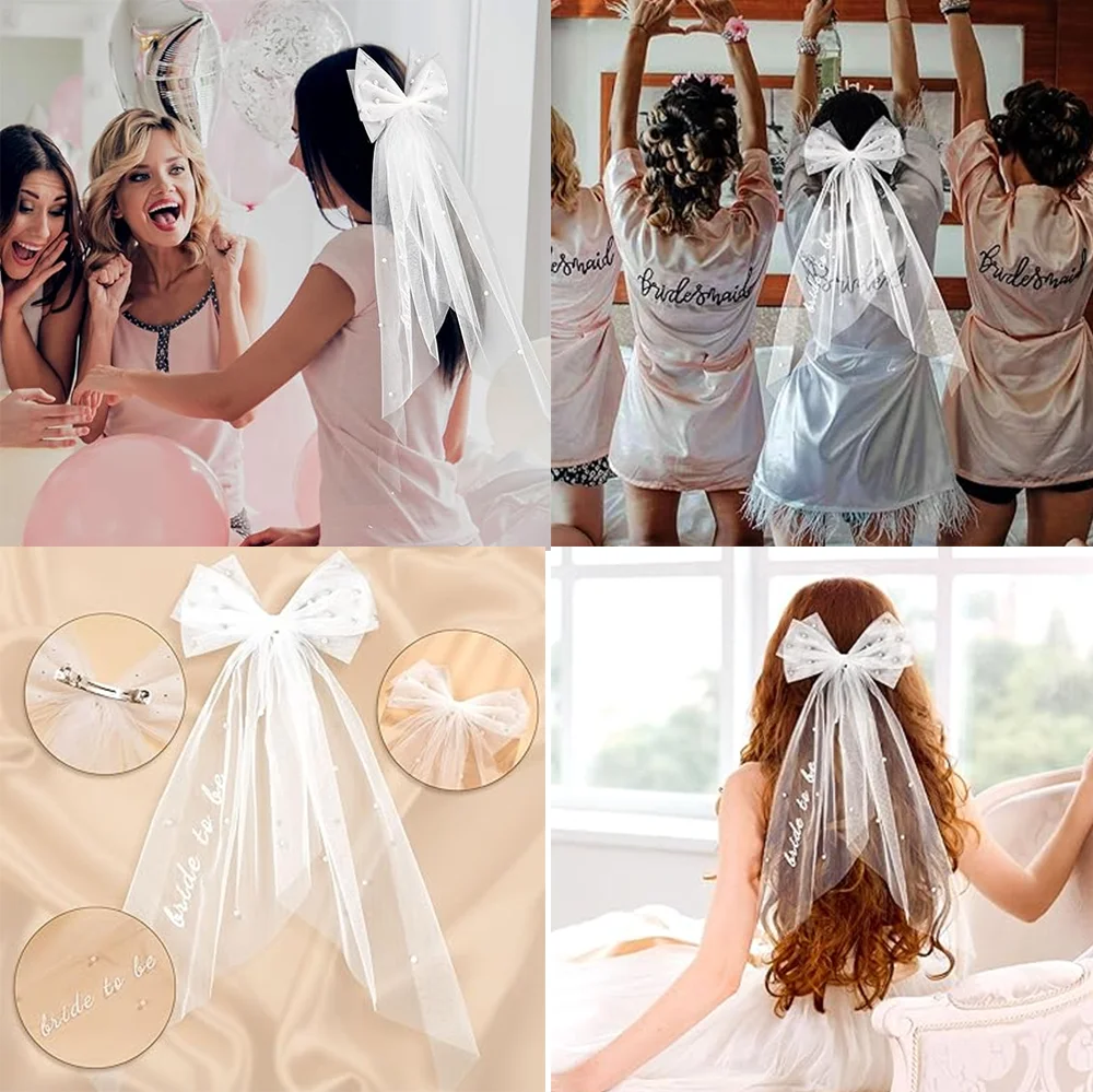 2025 Bride To Be Hair Bow Veil Bachelorette Party Bridal Shower Pearl Bow Veil Engagement Accessory Bride Gift Party Supplies