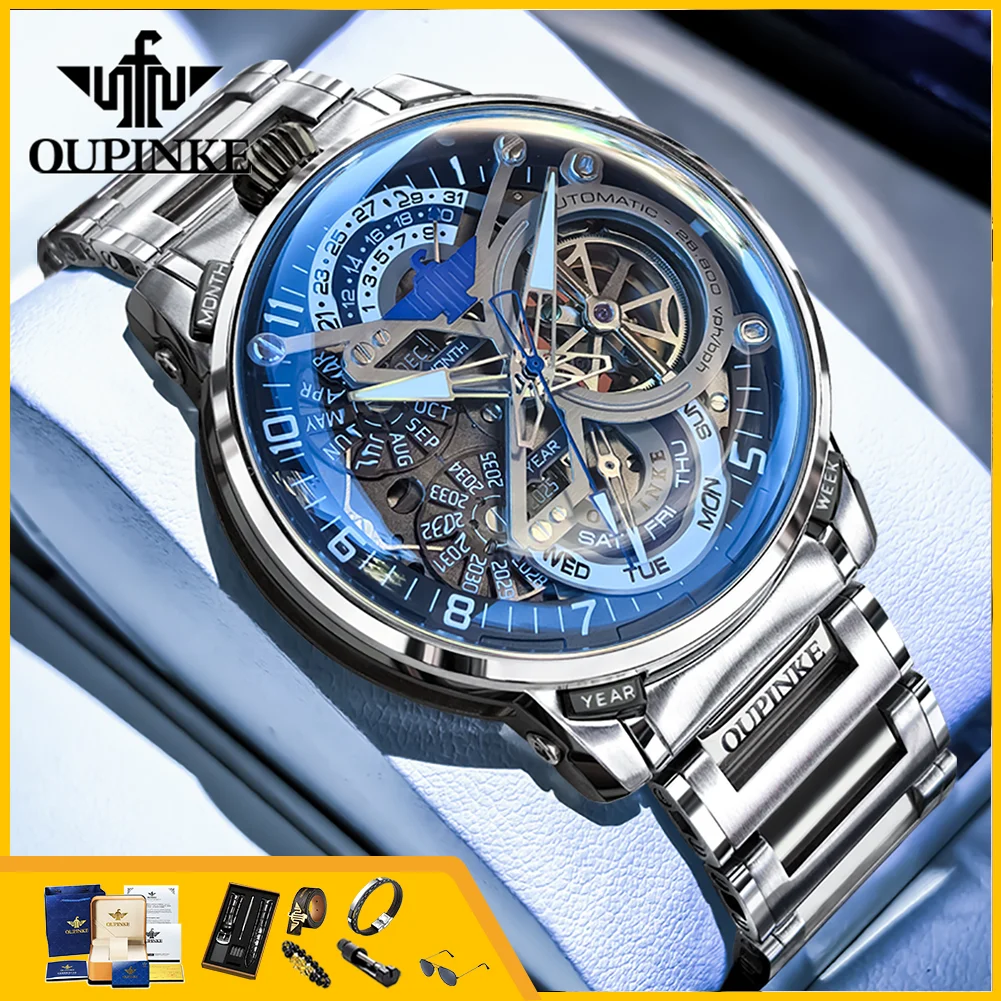 OUPINKE 3278 Automatic Mechanical Wristwatch for Men Multi Functional Date Skeleton 50M Waterproof Luxury Watches for Men