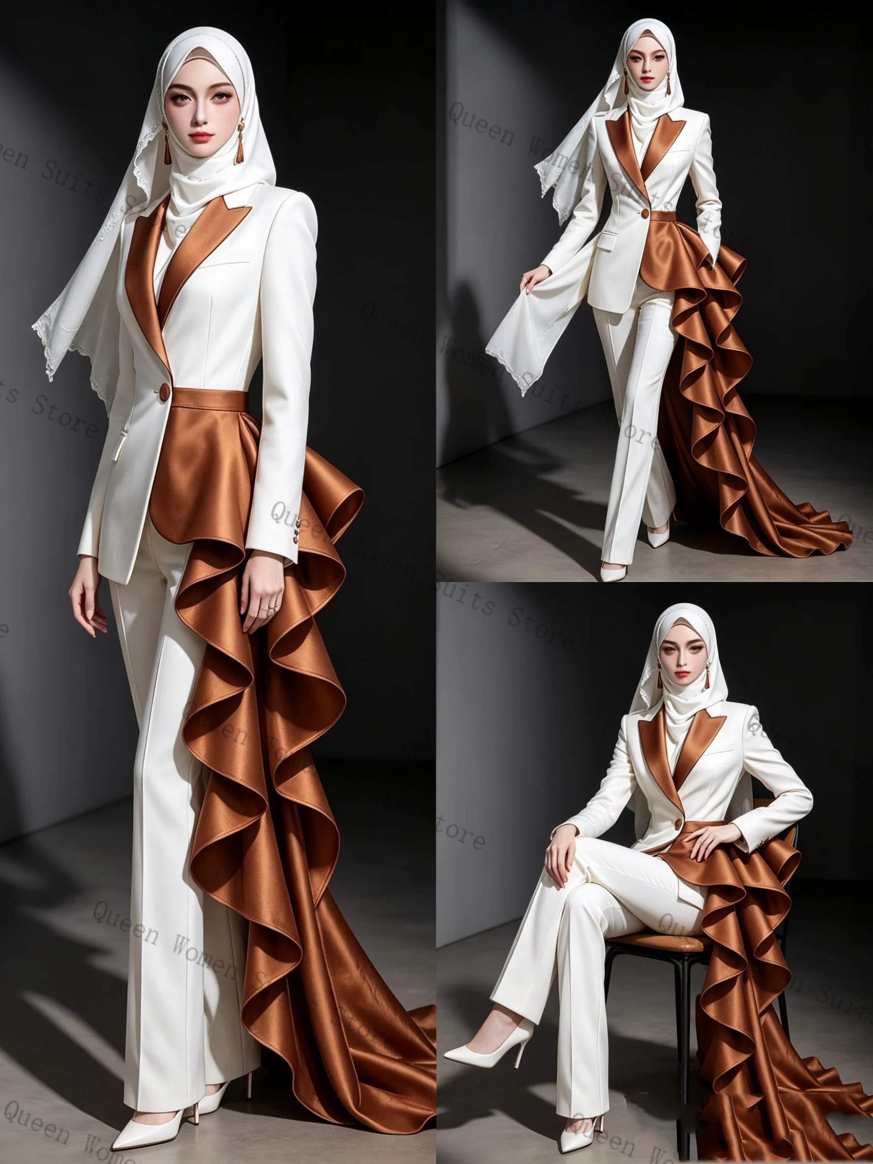 

Formal White Brown Women Suit Set 2 Pcs Blazer+Pants Ruffles Train Summer Business Office Lady Jacket Wedding Coat Customized