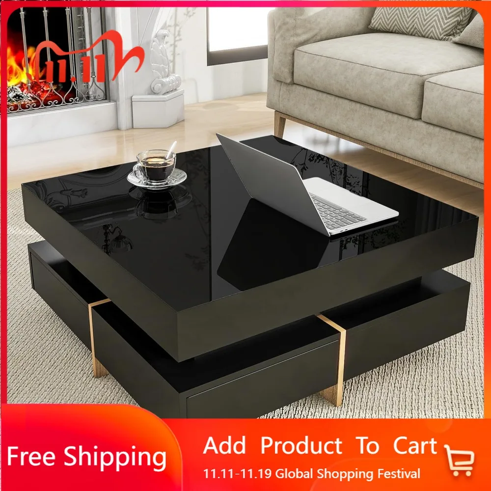 Modern Coffee Table with Contemporary Square Coffee Table，Storage,  with Drawers, High Gloss Modern Center Table for Living Room