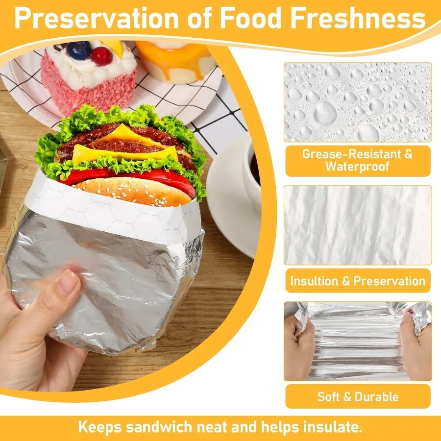 130 عبوة من ورق تغليف الساندويتش العازل من رقائق الألومنيوم مقاس 12 × 12 ورق رقائق مسبق القطع لتخزين المواد الغذائية والنقل المثالي