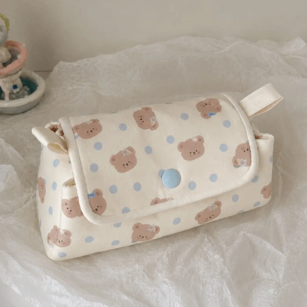 Stylish Multi-Layer Pencil Pouch Button-closure Bear Printed Pencil Case Large Capacity Portable Pen Bag Students Supplies