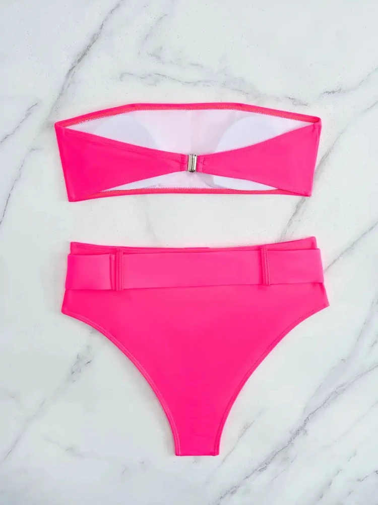 BanRibBikinis-Maillot de bain rose fluo, sexy, taille haute, pour femmes, vêtements de plage, pour baigneurs, 2024