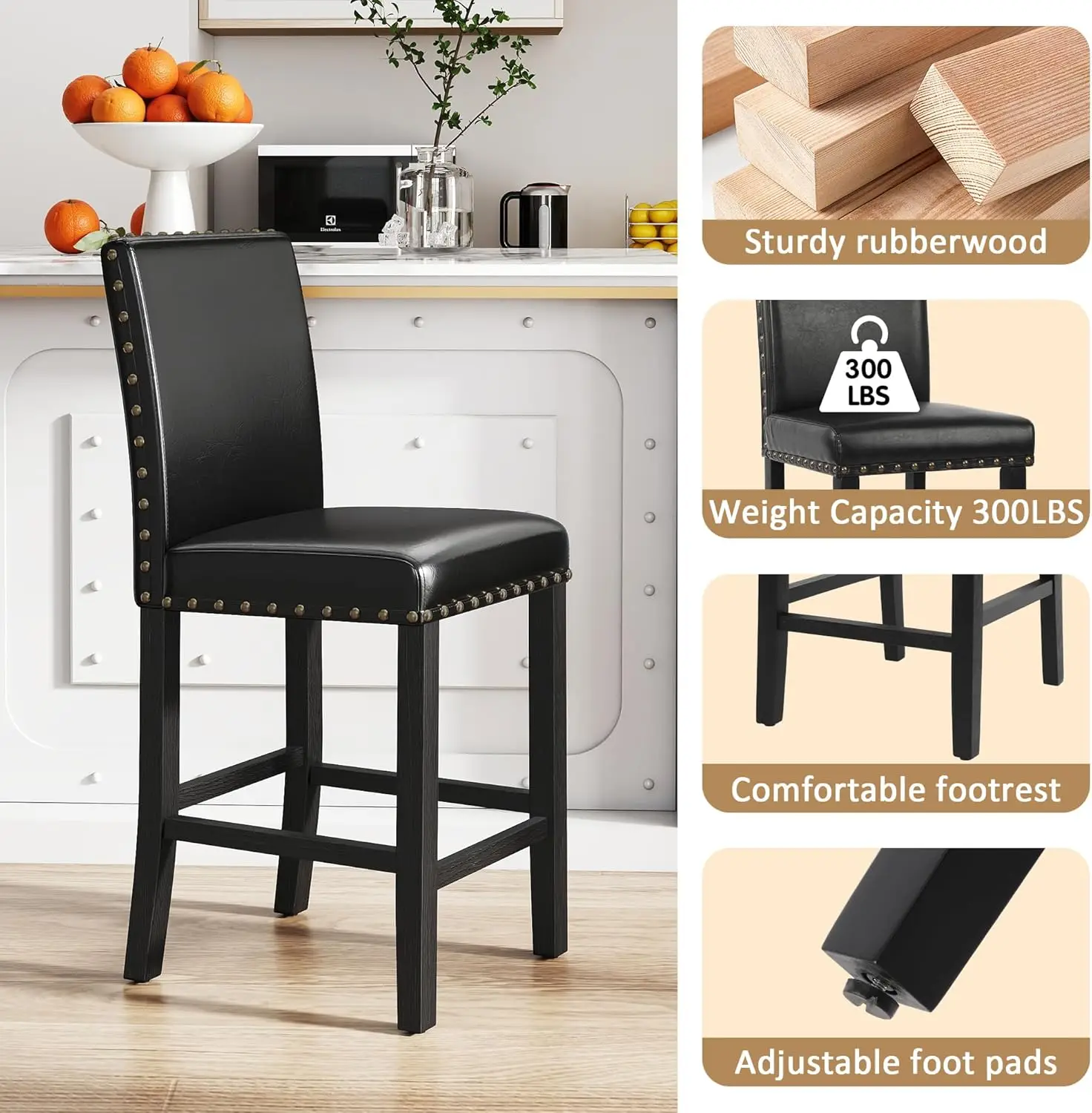 Conjunto de 4 bancos de bar de 24', altura de balcão com encosto, pernas de madeira, estofados em couro PU, preto