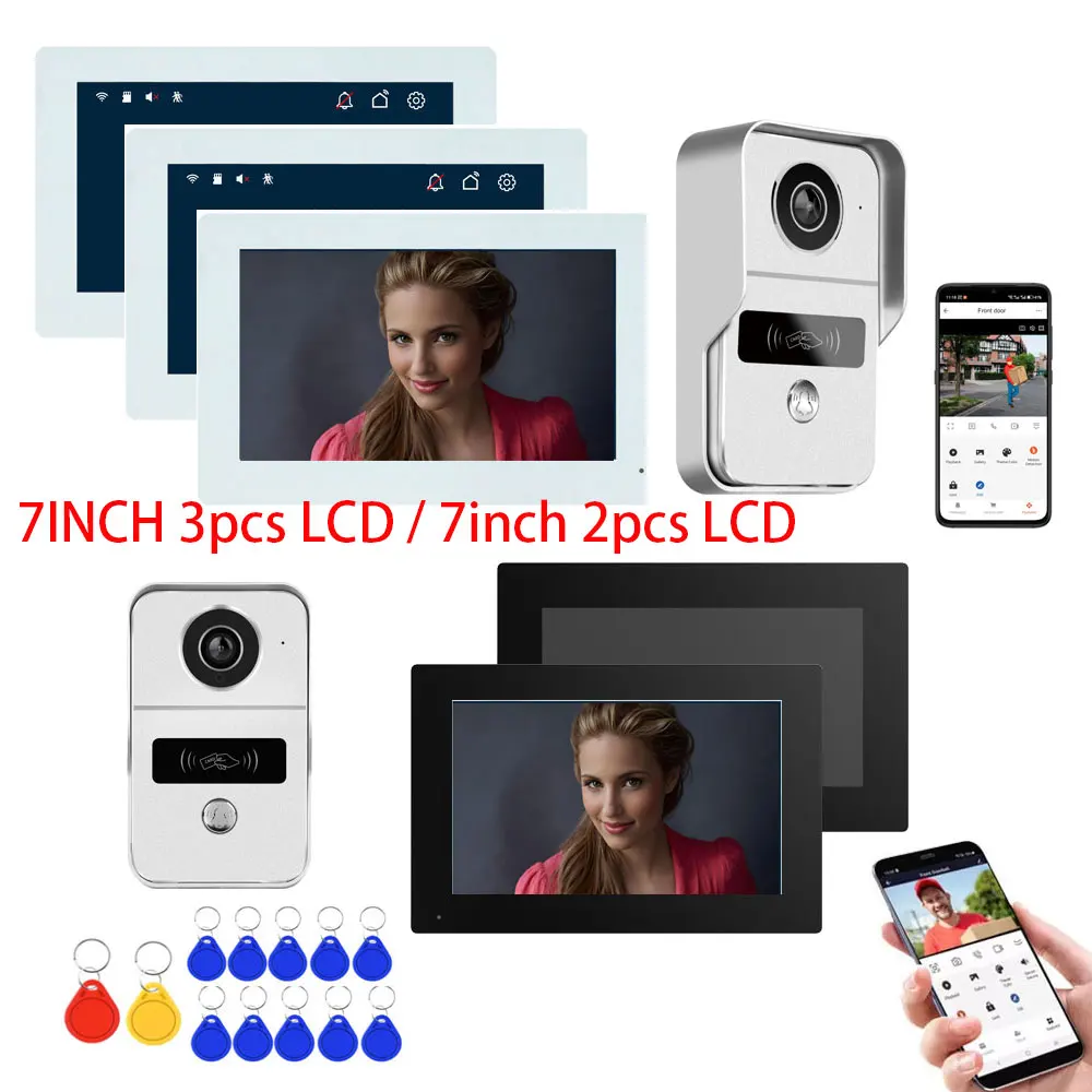 4-Draht WLAN-Video-Gegensprechanlage mit 7-Zoll-3-Monitor-System, 1080P Türsprechanlage, RFID HD-Kamera, Video-Türklingel, Tuya App-Entriegelung