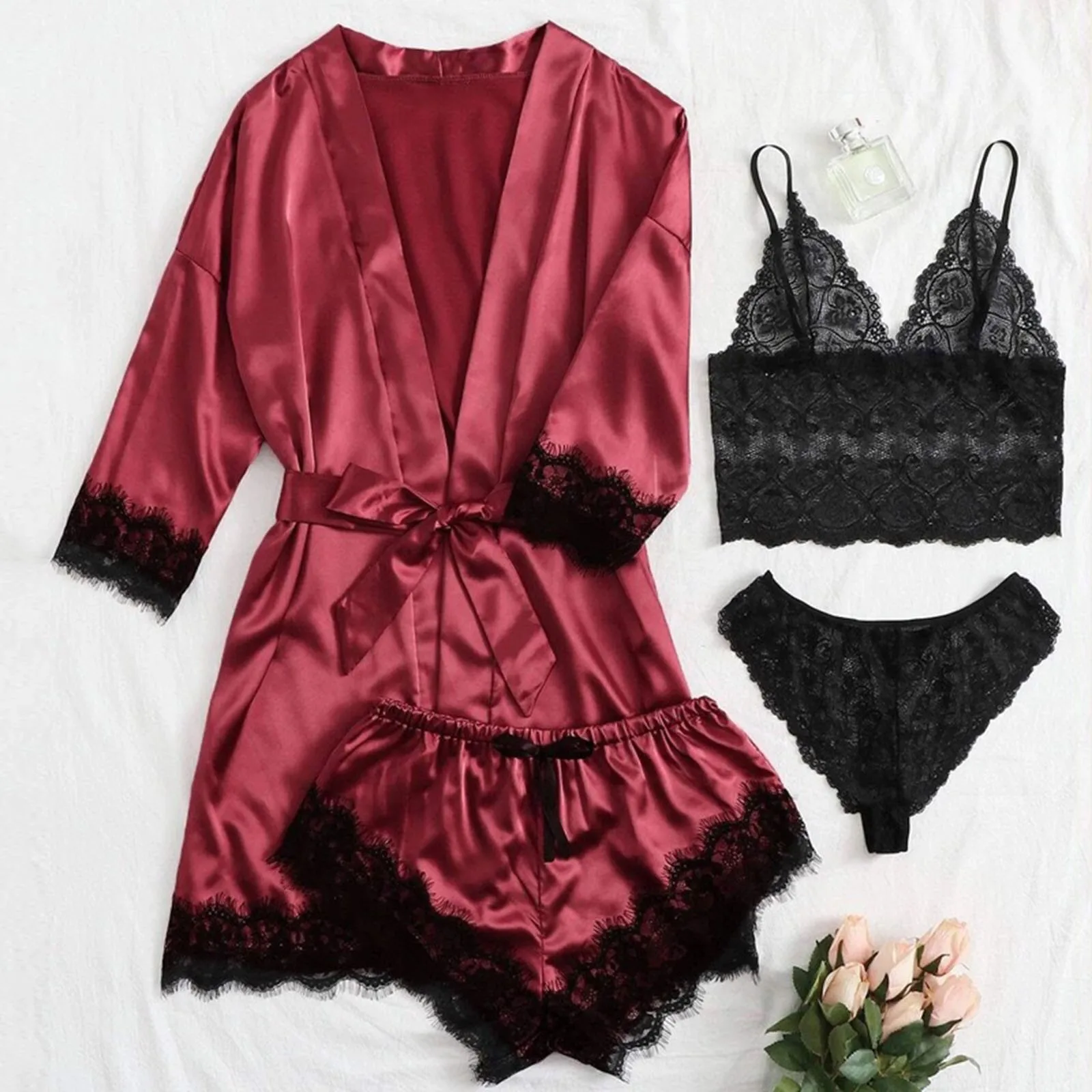 Woman Sleepwear Pajamas Ser With Robe Sexy Lace Lingerie Bathrobe Silk Satin Home Clothed Nightwear Robe