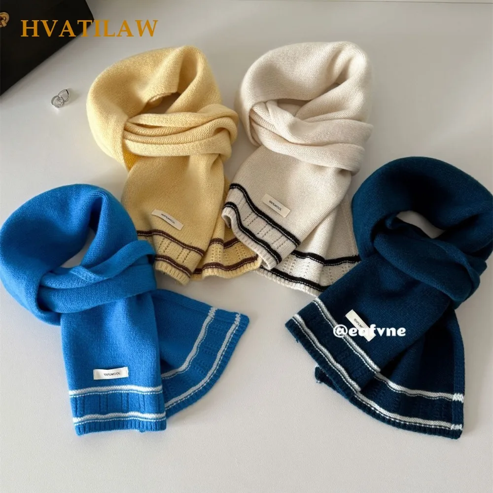 Women 100% Wool Knitted Short Scarf Autumn Winter Contrast Striped Hem Neck Wrap Minimalist Label Neckerchief Fashion Accessory