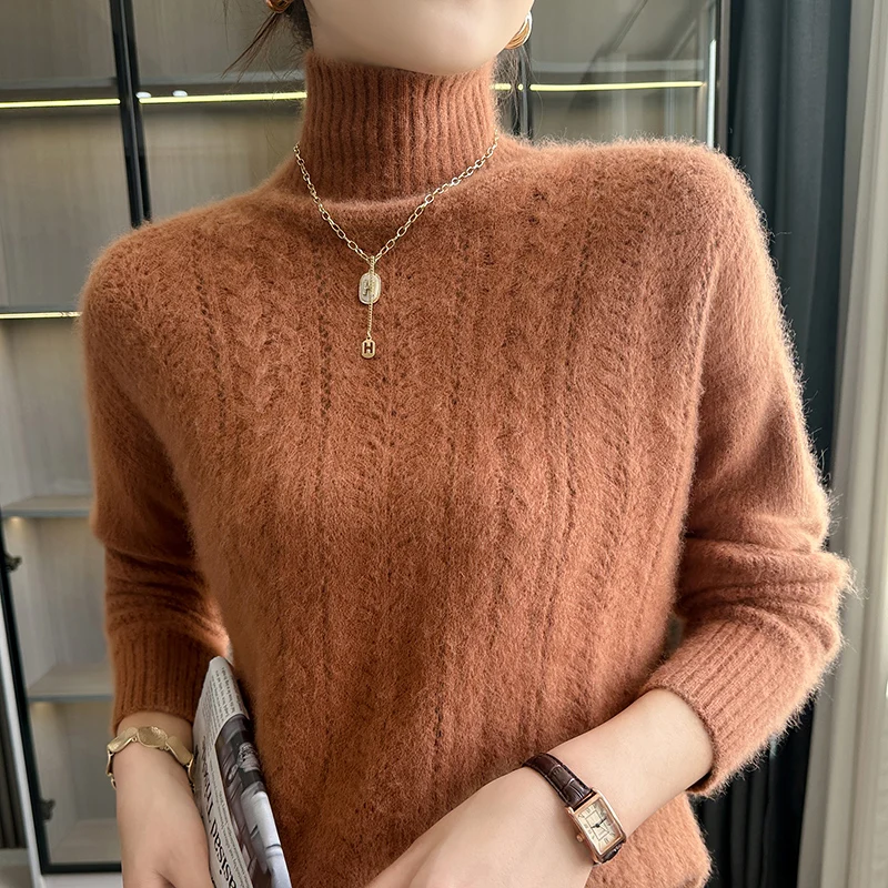 Women's Sweater Autumn/Winter New 100% Cashmere Pullover Casual Solid Color Knitted High Neck Hollow Blouse Loose Fashion Tops