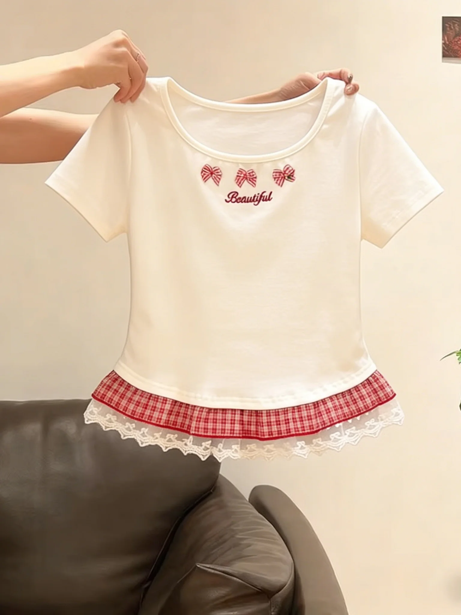 甘い夏の新スタイルレディース-tシャツレーススプライシング半袖バレエスタイルハイウエストデザイン韓国版通勤スタイル