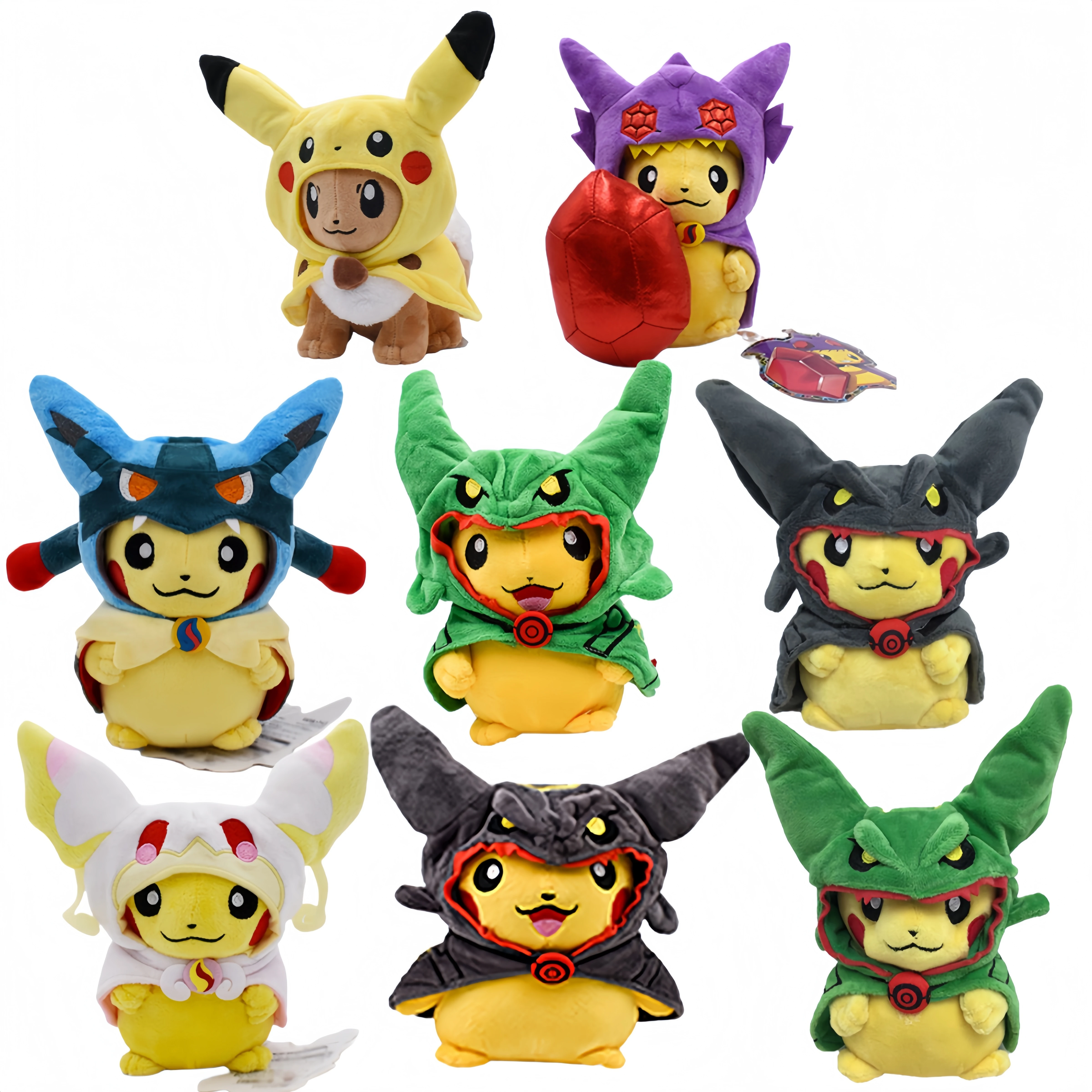 Pikachu Cos Eevee Cosplay juguetes de Peluche Charizard Peluche Lucario Animal relleno muñeca Snorlax Garchomp Tyranitar Hydreigon muñeca