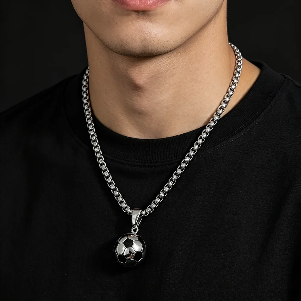 Men's 316L Stainless Steel Soccer Ball Pendant Necklace Box‑Chain Hip‑Hop Sports Jewelry Gift for Guys