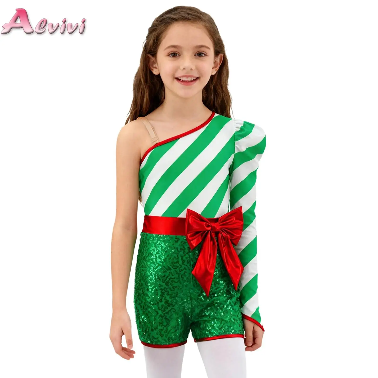 أزياء أطفال بنات عيد الميلاد قصب الحلوى الترتر واحدة طويلة الأكمام القوس المعدني عيد الميلاد بذلة لالتقاط الصور أداء المرحلة