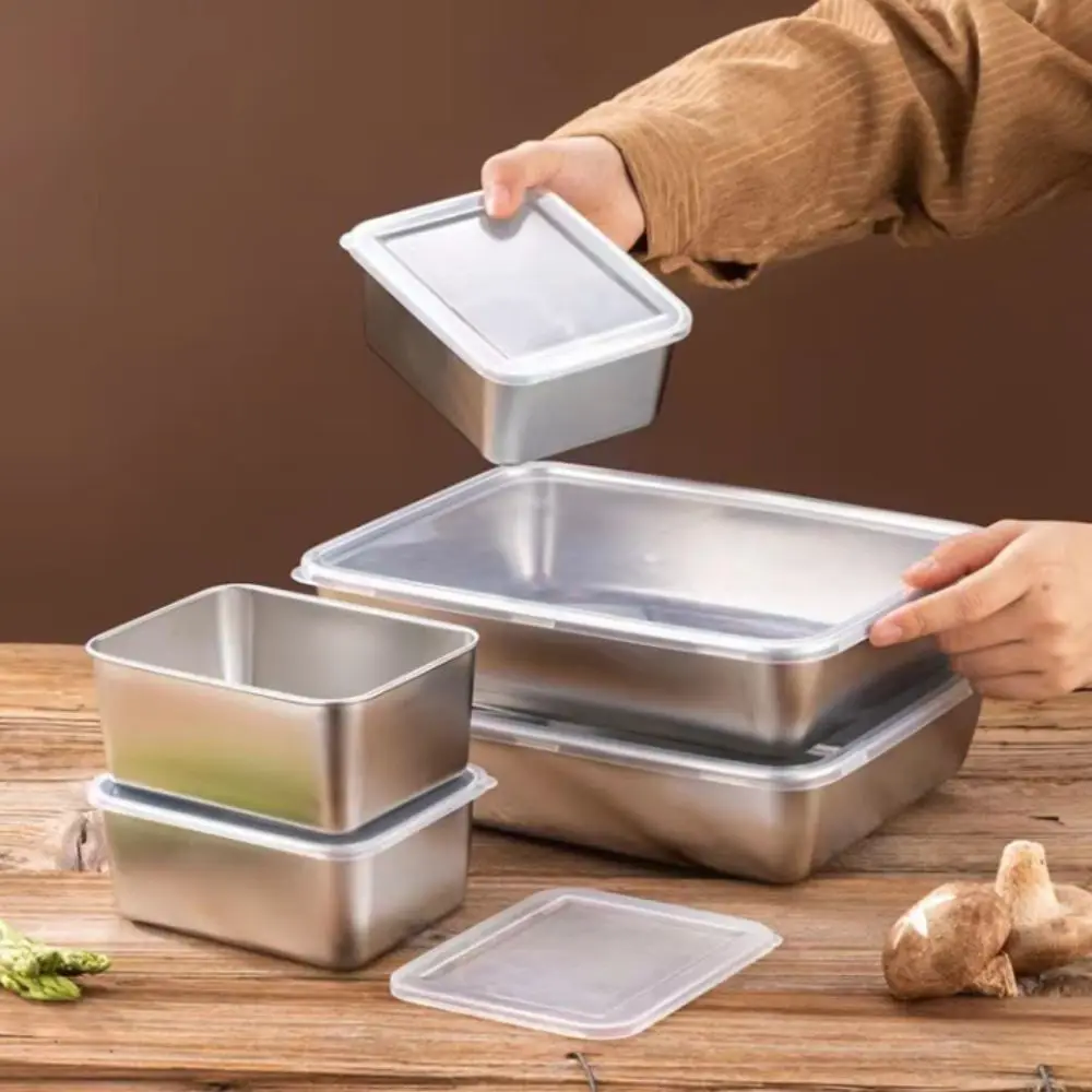 Assiette de rangement de cuisine rectangulaire en acier inoxydable, avec couvercle, plateau à