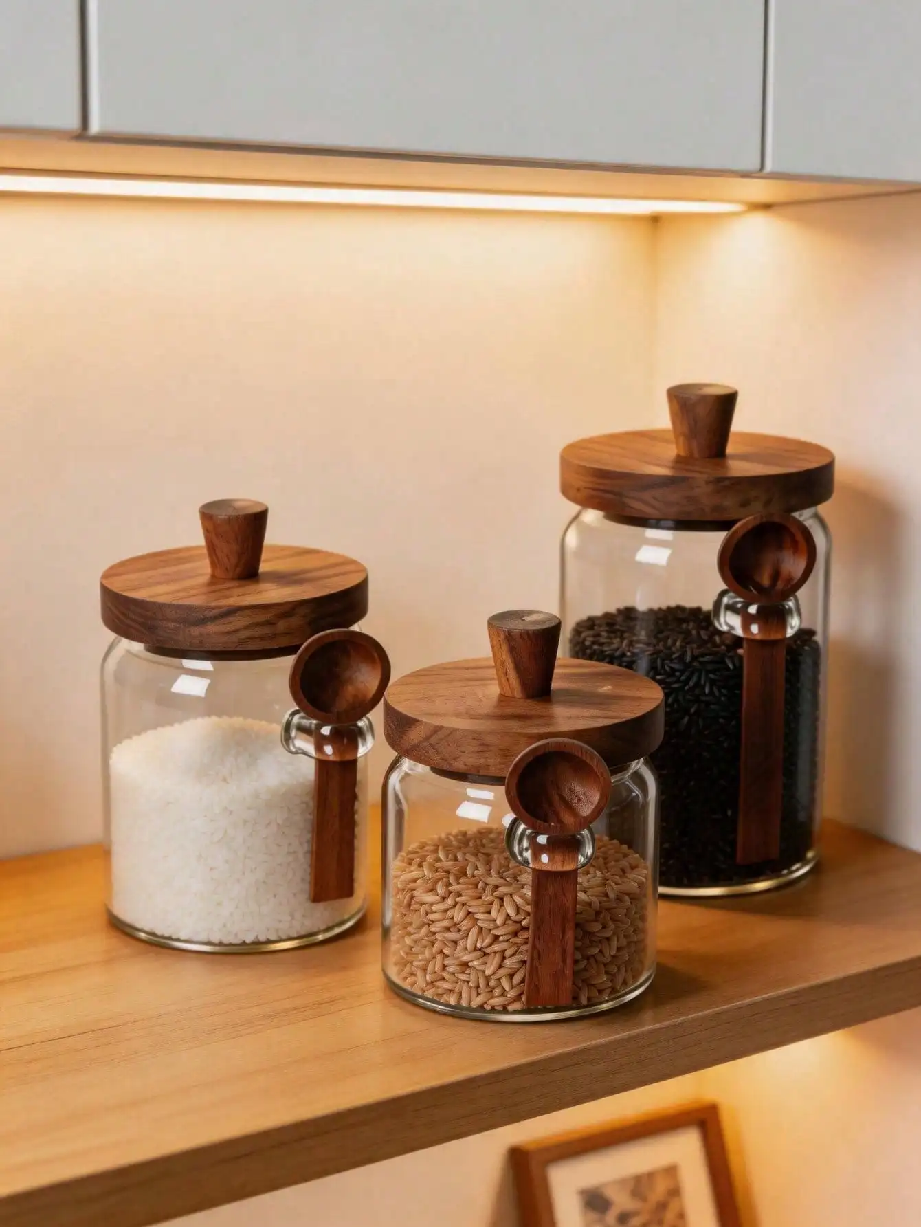 3Pcs 17OZ/22OZ/27OZ Clear Glass Jars With Wooden Lids & Matching Spoons, Airtight Food Storage Canisters, Modern Farmhouse Kitchen Containers For Pantry & Countertop, Coffee Sugar Tea Spice Storage Sh260515140463073728127