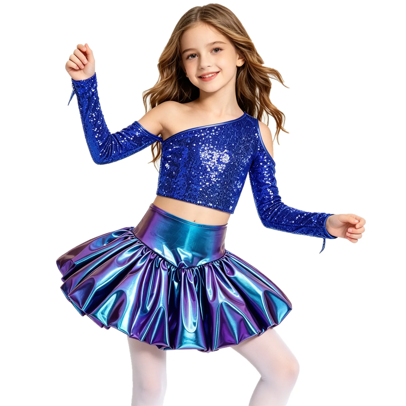 

Kids Girls Metallic Shiny Jazz Dance Outfit Performance Costume Long Sleeve with Tassel One Shoulder Crop Top with Bubble Skirt