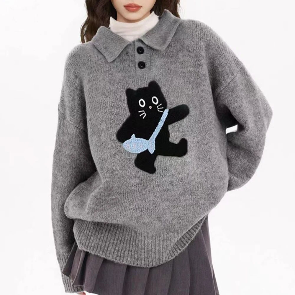 

Gray POLO lapel cat pullover sweater thickened new loose lazy knit top for autumn and winter clothes women