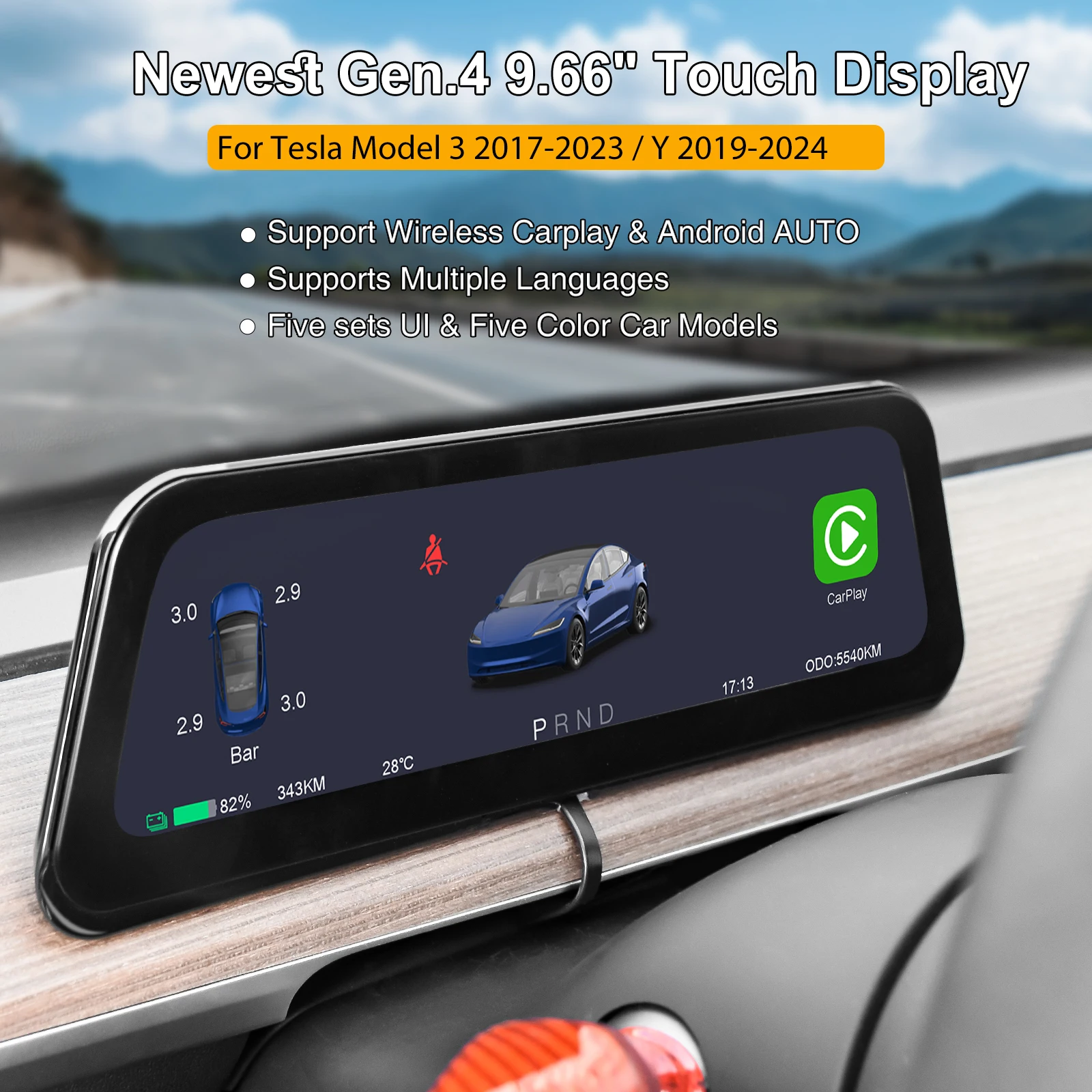 

Onlysay 9,6-дюймовый HUD-дисплей для Tesla Model 3 2017-2023 и Y 2019-2024 с поддержкой нескольких языков, CarPlay и Android Auto