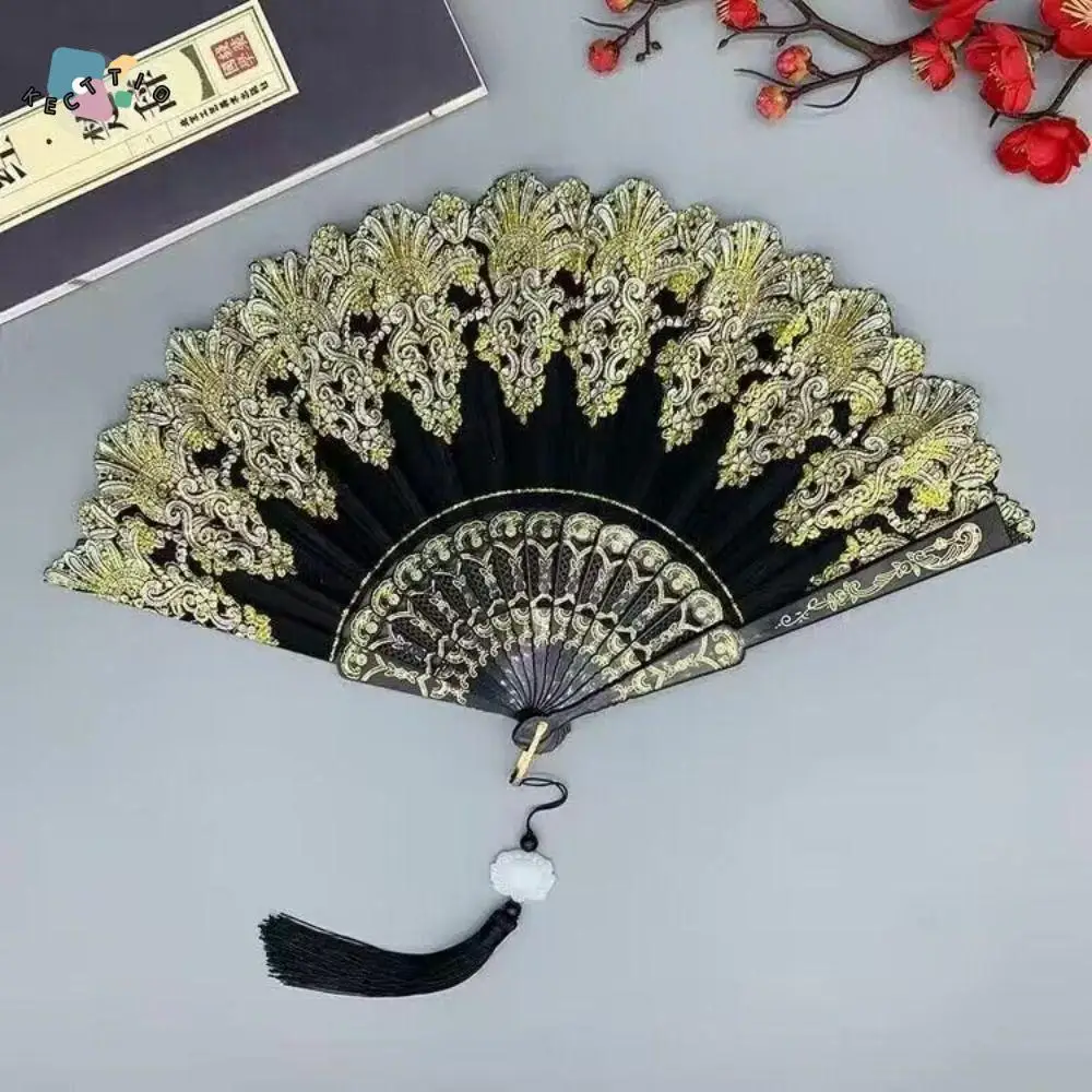 

Fashion Gold Powder Folding Fan Hand Folding Plastic Chinese Dance Fan Art Craft Chinese Style Hand Held Fan Party