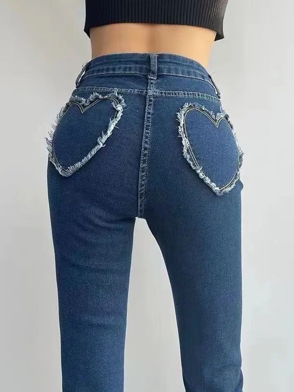 High Waist Bell Bottom Denim Jeans Women's Elastic Heart Pocket Slimming Hip Lifting Long Pants Korean Style Summer Jeans