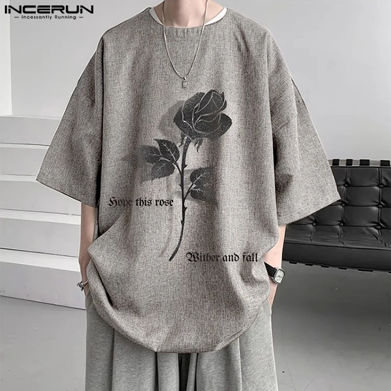 INCERUN Men Casual Floral Printing Tops Half Sleeve Round Neck Hansome T-shirt Harajuku Loose Korean Fashion Leisure Camiseta