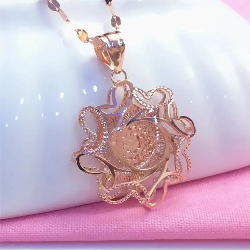 585 Purple Gold Plated 14K Rose Gold Sunflower Pendant Openwork Fashion Shine Choker Necklace Charm Engagement Jewelry