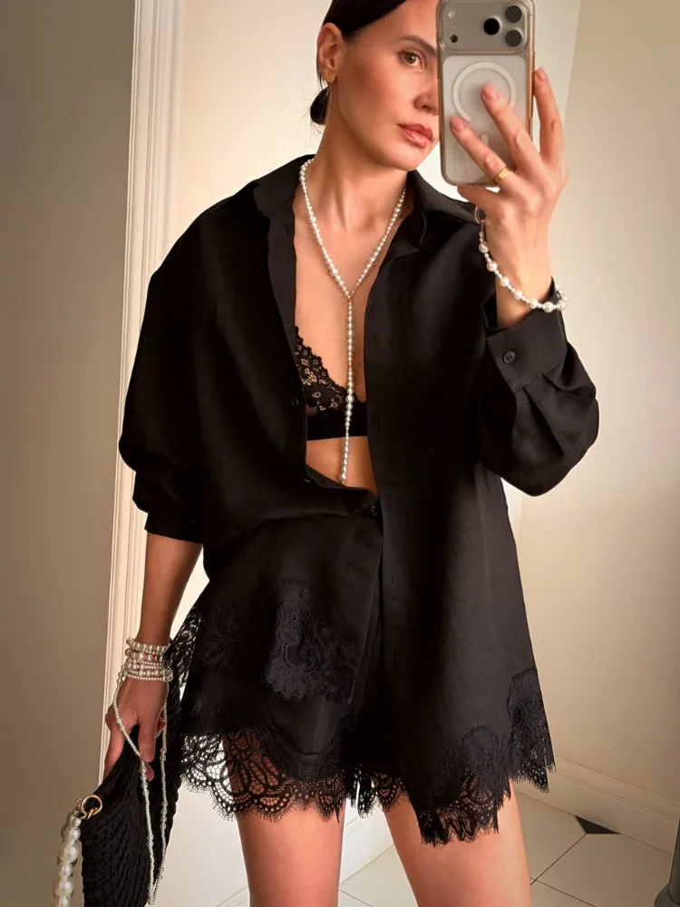 

Vacation Beach Lace Tees Short Sets 2 Pieces For Women Lapel Long Sleeve Casual Blouse Casual Short 2026 New Lady Summer Outfits