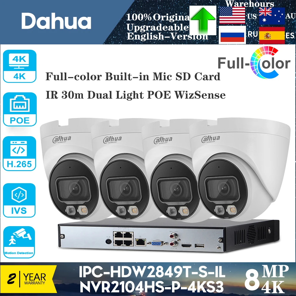 Original Dahua 8MP IPC-HDW2849T-S-IL IP Camera Full-color Built-in Mic 4CH 4POE DH2104HS-P-4KS3 WizSense Network Dome Dual Light