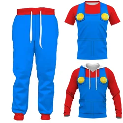 HX Mari Brother Bowser Clothing Red Blue Overall Printed T-shirts Sweatshirts Hoodies Male Female Cosplay Costumes Dropshipping