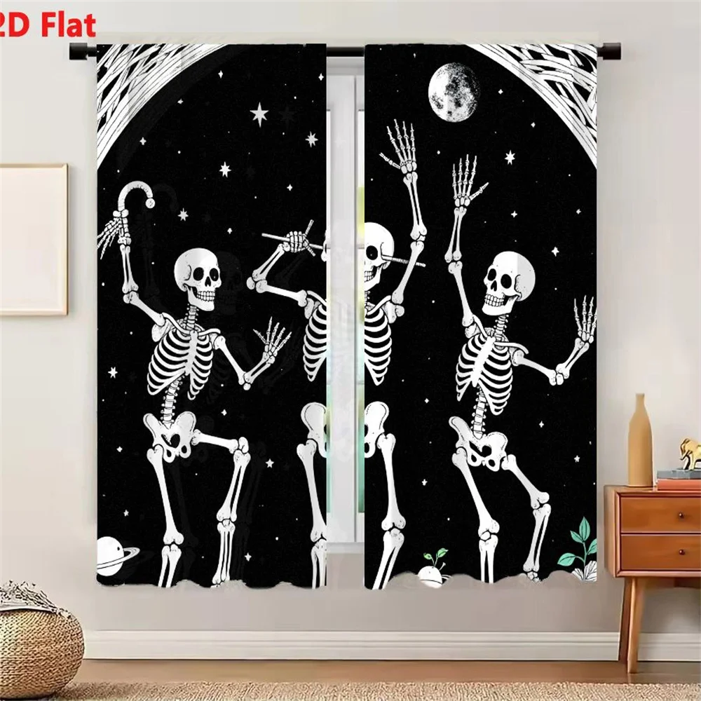 2Pcs Curtains 2D Flat Black And White Illustration Three Dancing Skeletons Against Starry Night Sky Full Moon Stars Crescent Moo