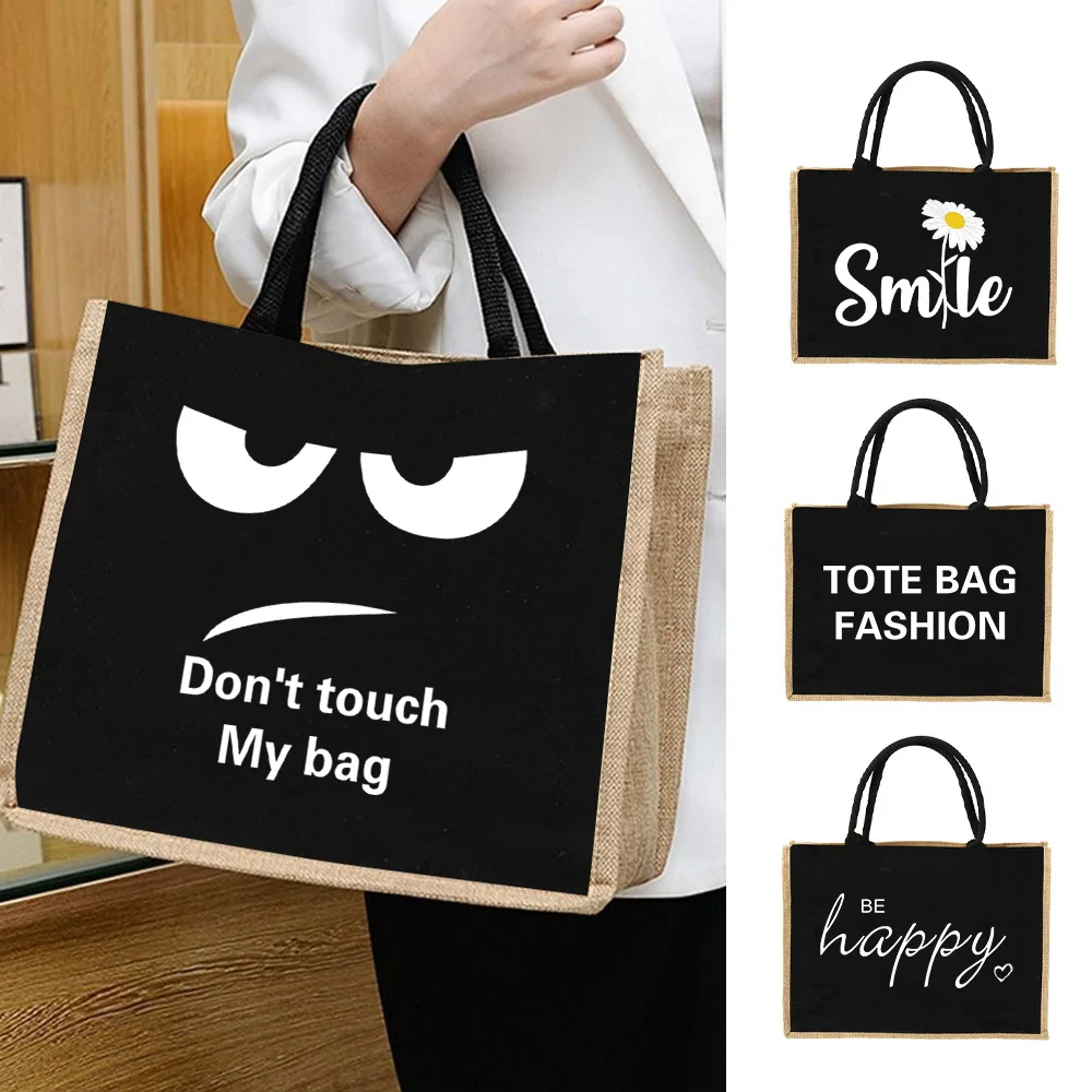 

Burlap Shopping Bags Vintage Jute Imitation Sacks Linen Bag Beach Laminated Bag Text Series Reusable Grocery Storage Pounch