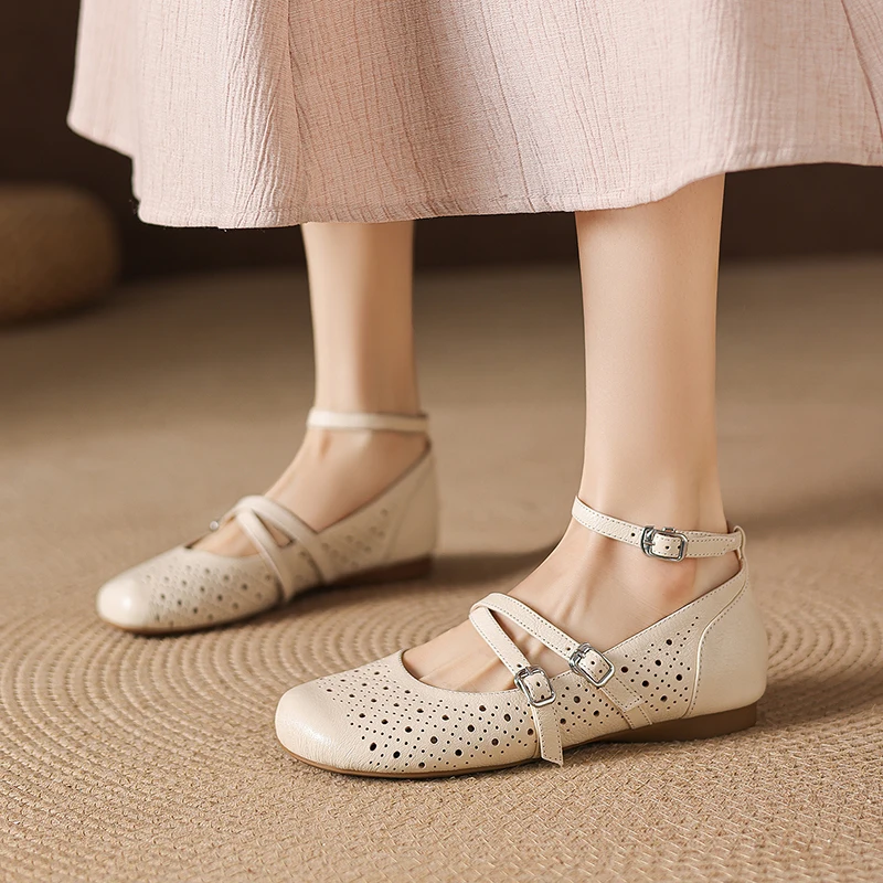 2026 new summer women sandals natural leather plus size 22-26cm sheepskin+pigskin+cowhide ankle-buckle hollow women shoes